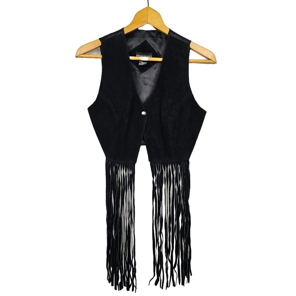 Vintage Passport Black Leather Vest with tassels/fringe